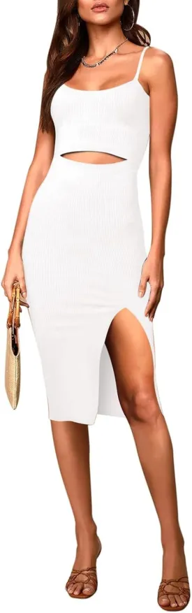 Pink Queen Women's Spaghetti Strap Cutout Side Slit Ribbed Knee Length Bodycon Midi Dress