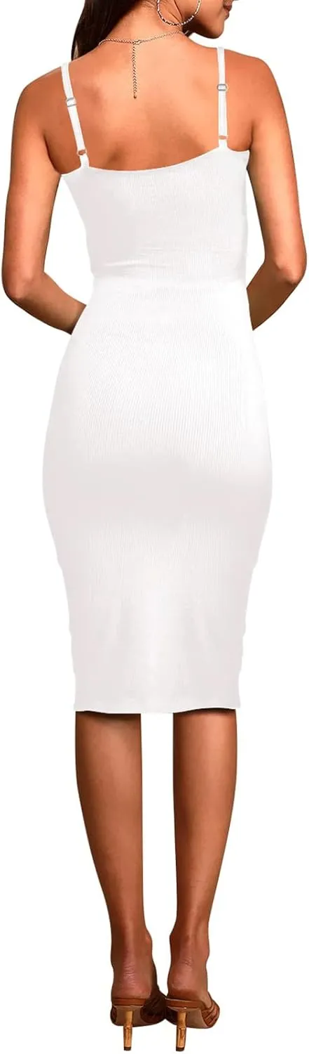 Pink Queen Women's Spaghetti Strap Cutout Side Slit Ribbed Knee Length Bodycon Midi Dress