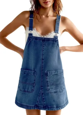 PLNOTME Women's Casual Denim Overalls Dress Adjustable Strap Summer Mini Jean Dress with Pockets