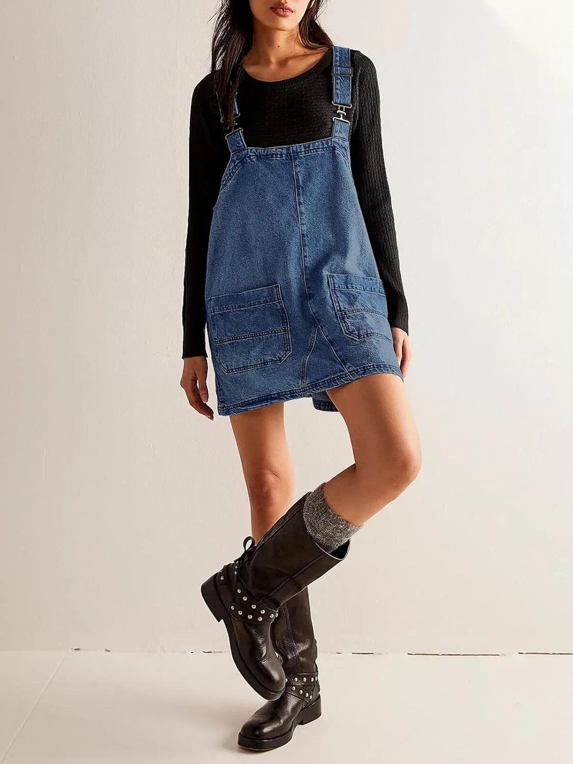 PLNOTME Women's Casual Denim Overalls Dress Adjustable Strap Summer Mini Jean Dress with Pockets