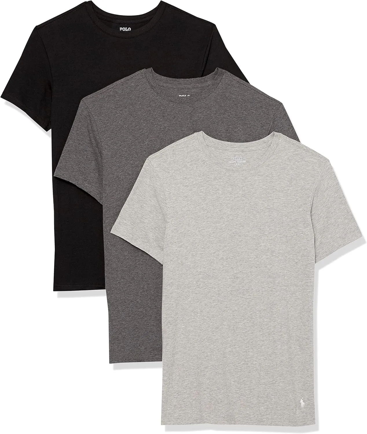 Polo Men's Slim Fit Stretch Crew Tee, Black/White, Charcoal Heather/White, Andover Heather/White-3 Pack, Medium