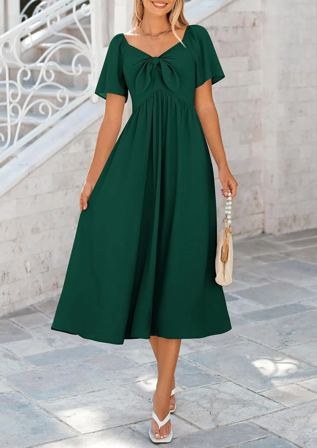 PRETTYGARDEN 2025 Summer Dress for Women Casual Short Sleeve Bow Tie V Neck Ruffle Midi Flowy Dresses