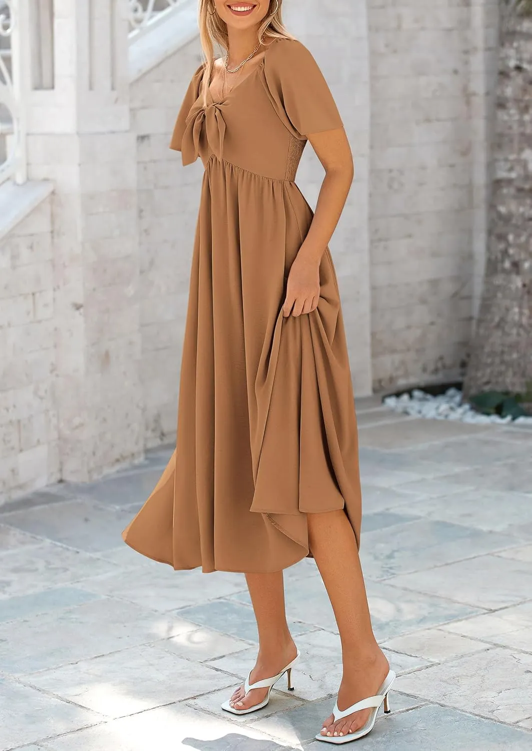 PRETTYGARDEN 2025 Summer Dress for Women Casual Short Sleeve Bow Tie V Neck Ruffle Midi Flowy Dresses
