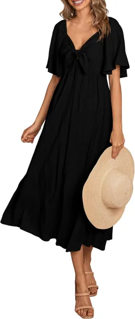 PRETTYGARDEN 2025 Summer Dress for Women Casual Short Sleeve Bow Tie V Neck Ruffle Midi Flowy Dresses