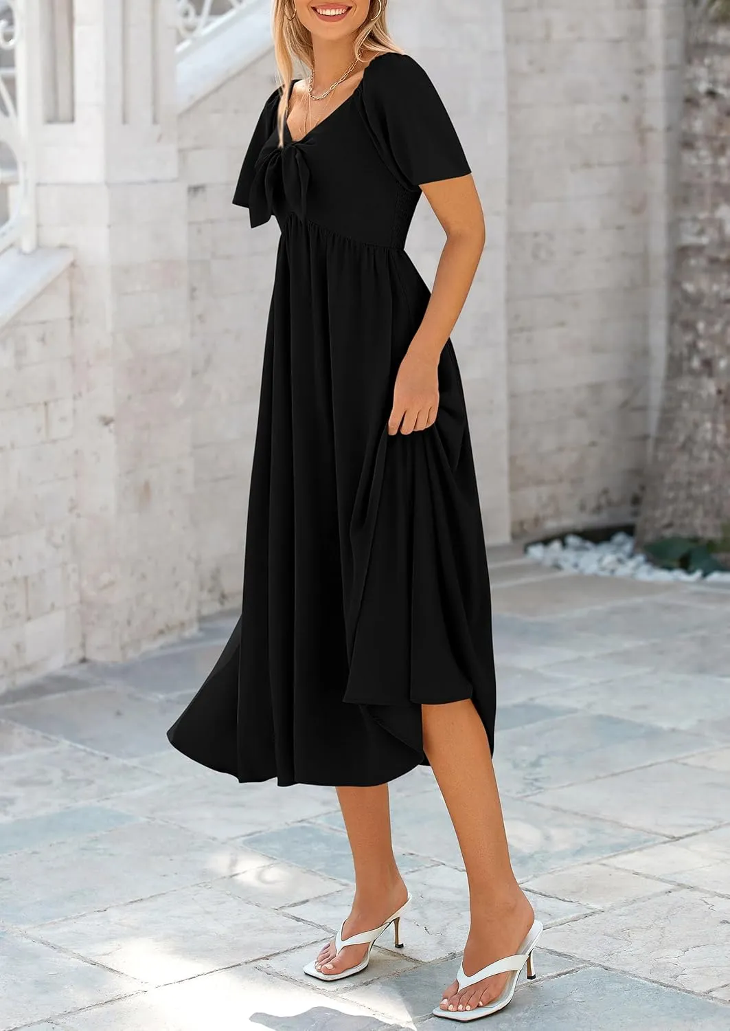 PRETTYGARDEN 2025 Summer Dress for Women Casual Short Sleeve Bow Tie V Neck Ruffle Midi Flowy Dresses