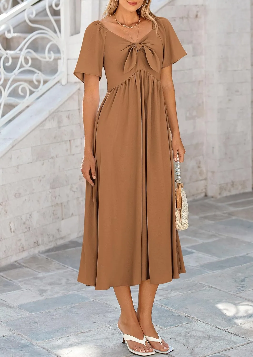 PRETTYGARDEN 2025 Summer Dress for Women Casual Short Sleeve Bow Tie V Neck Ruffle Midi Flowy Dresses