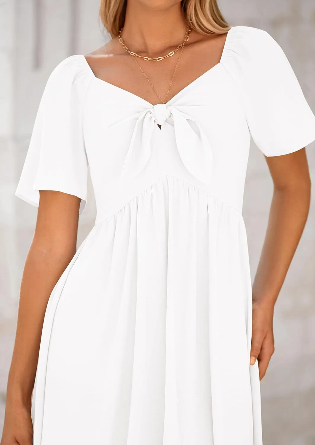 PRETTYGARDEN 2025 Summer Dress for Women Casual Short Sleeve Bow Tie V Neck Ruffle Midi Flowy Dresses