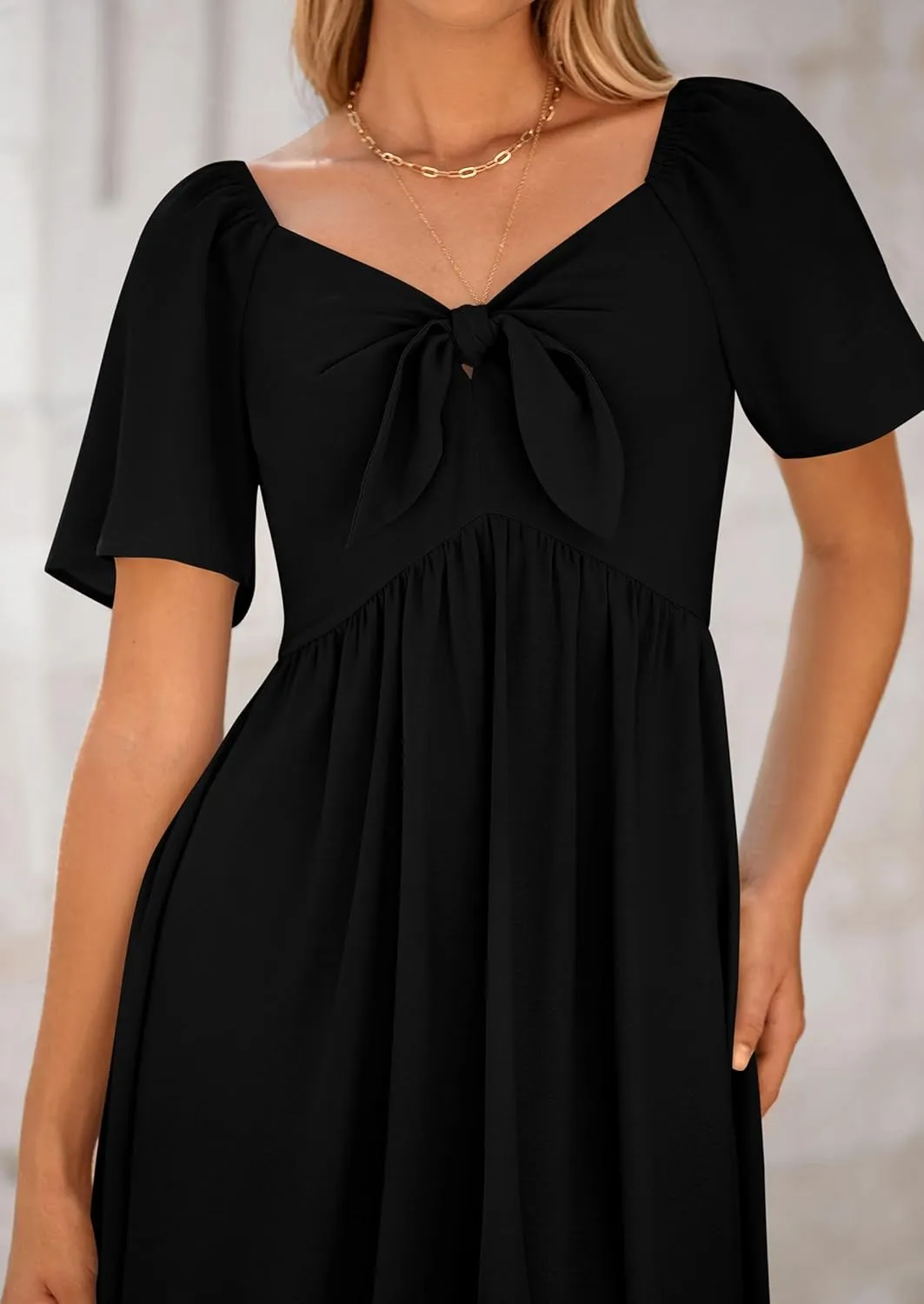 PRETTYGARDEN 2025 Summer Dress for Women Casual Short Sleeve Bow Tie V Neck Ruffle Midi Flowy Dresses