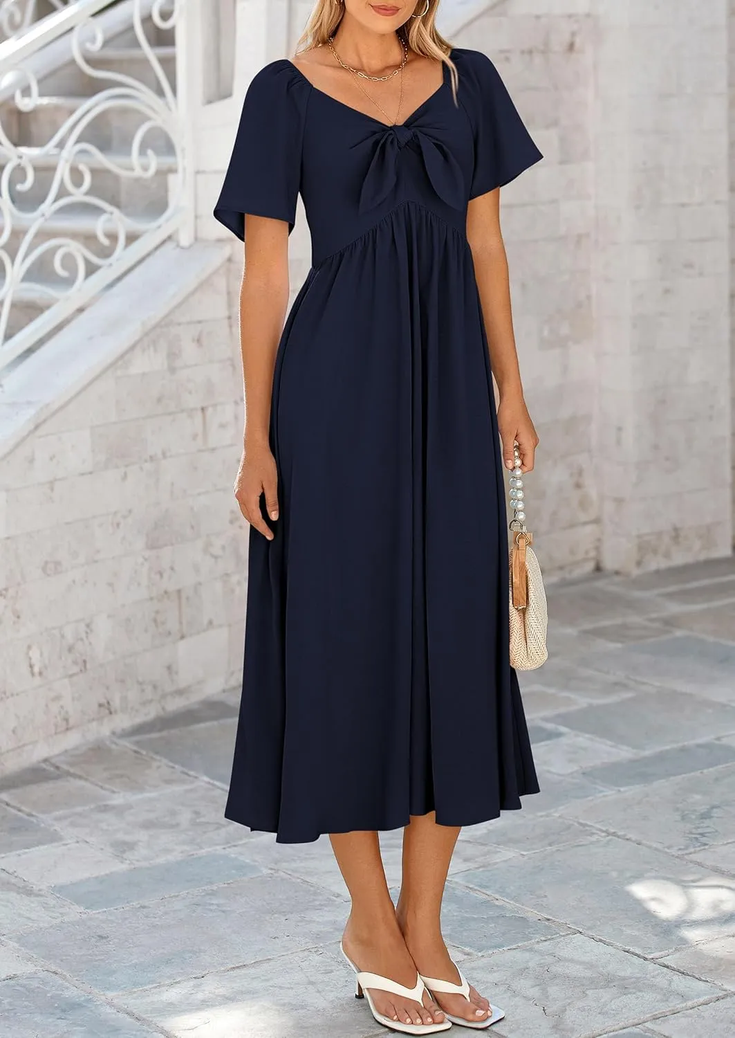PRETTYGARDEN 2025 Summer Dress for Women Casual Short Sleeve Bow Tie V Neck Ruffle Midi Flowy Dresses