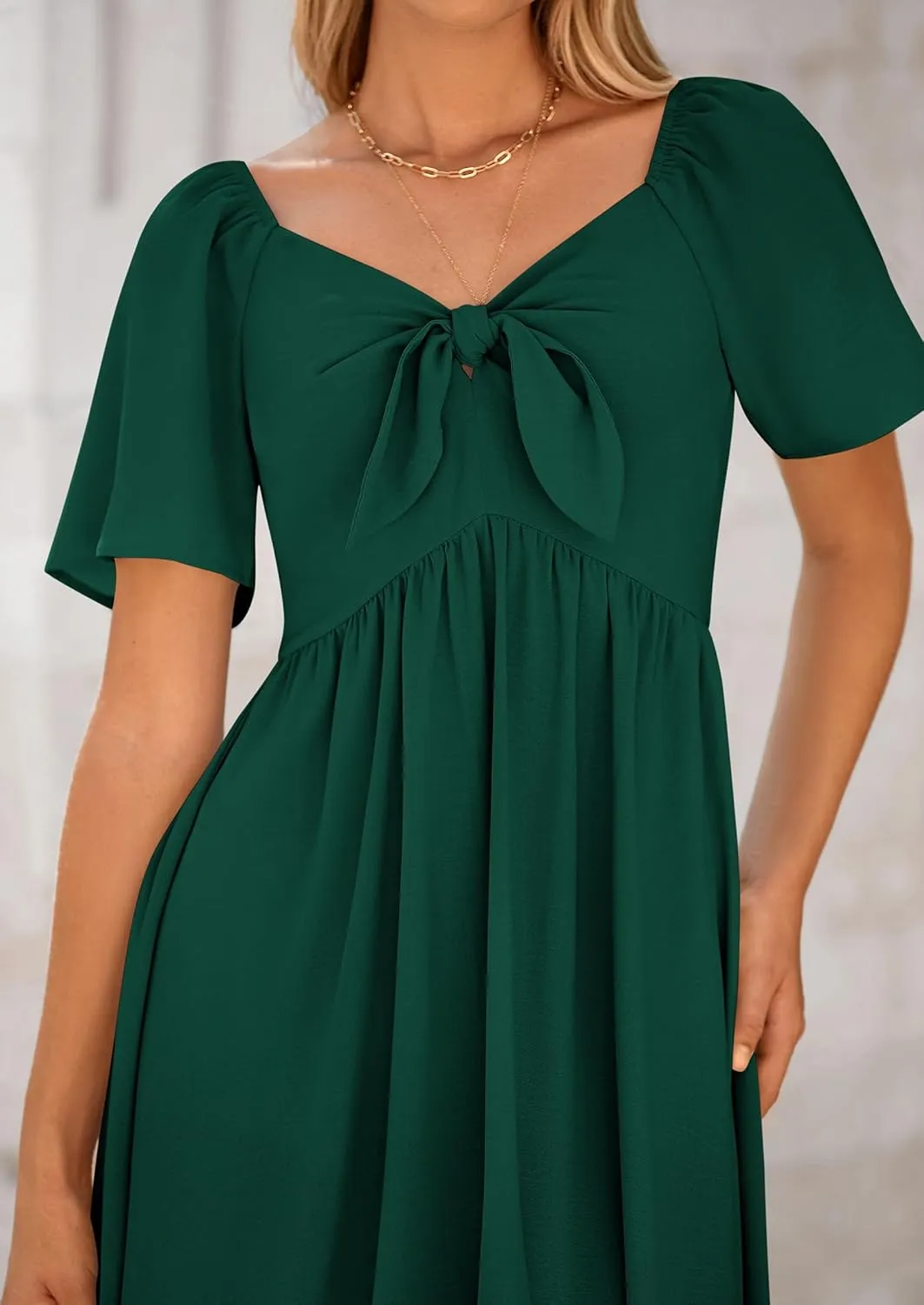 PRETTYGARDEN 2025 Summer Dress for Women Casual Short Sleeve Bow Tie V Neck Ruffle Midi Flowy Dresses