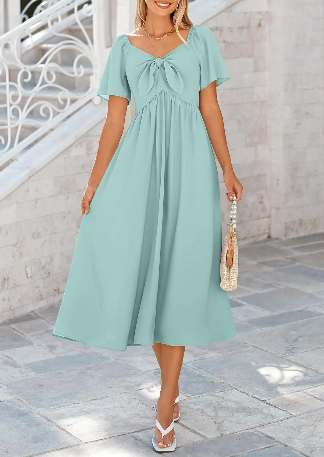 PRETTYGARDEN 2025 Summer Dress for Women Casual Short Sleeve Bow Tie V Neck Ruffle Midi Flowy Dresses