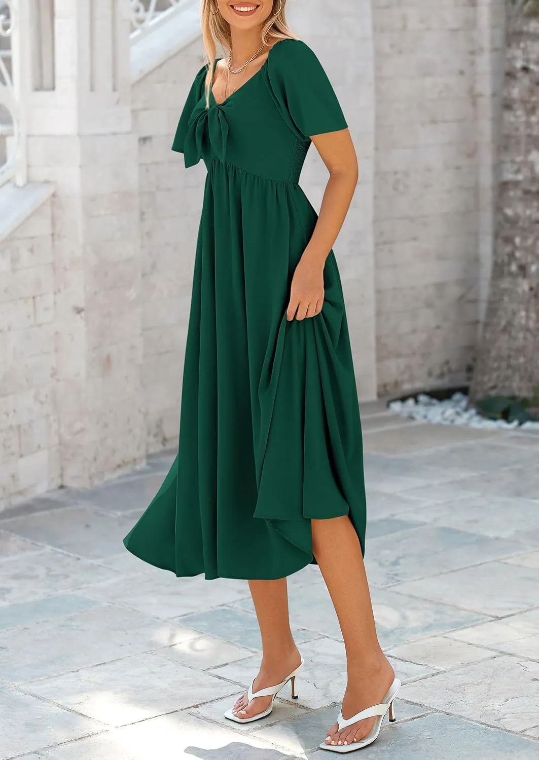 PRETTYGARDEN 2025 Summer Dress for Women Casual Short Sleeve Bow Tie V Neck Ruffle Midi Flowy Dresses