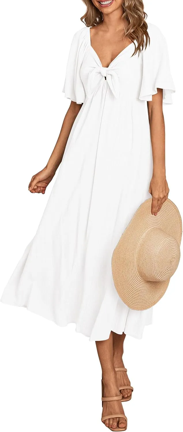 PRETTYGARDEN 2025 Summer Dress for Women Casual Short Sleeve Bow Tie V Neck Ruffle Midi Flowy Dresses