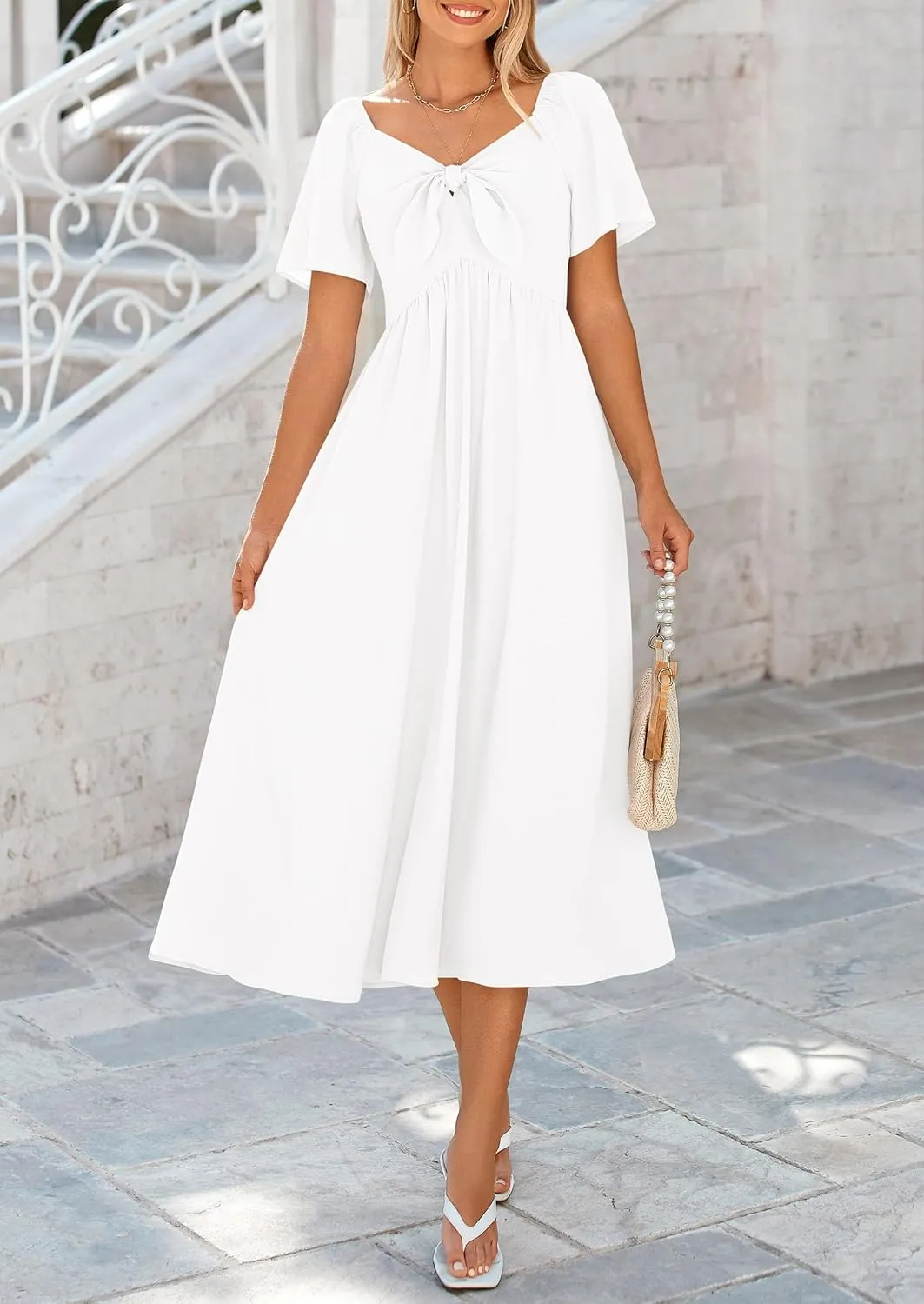 PRETTYGARDEN 2025 Summer Dress for Women Casual Short Sleeve Bow Tie V Neck Ruffle Midi Flowy Dresses