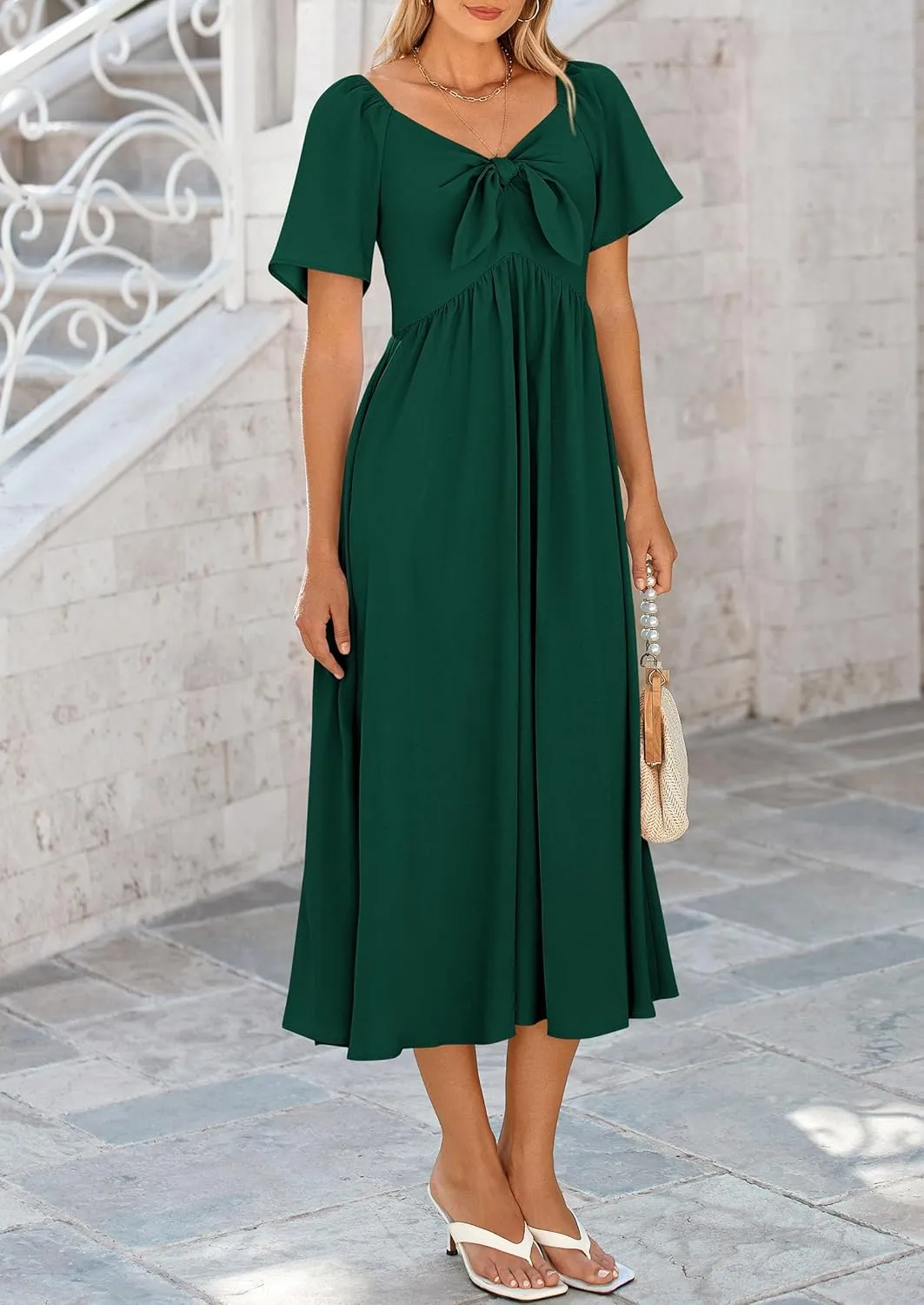 PRETTYGARDEN 2025 Summer Dress for Women Casual Short Sleeve Bow Tie V Neck Ruffle Midi Flowy Dresses