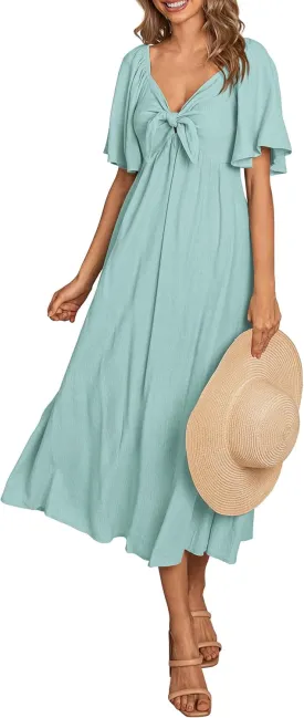 PRETTYGARDEN 2025 Summer Dress for Women Casual Short Sleeve Bow Tie V Neck Ruffle Midi Flowy Dresses