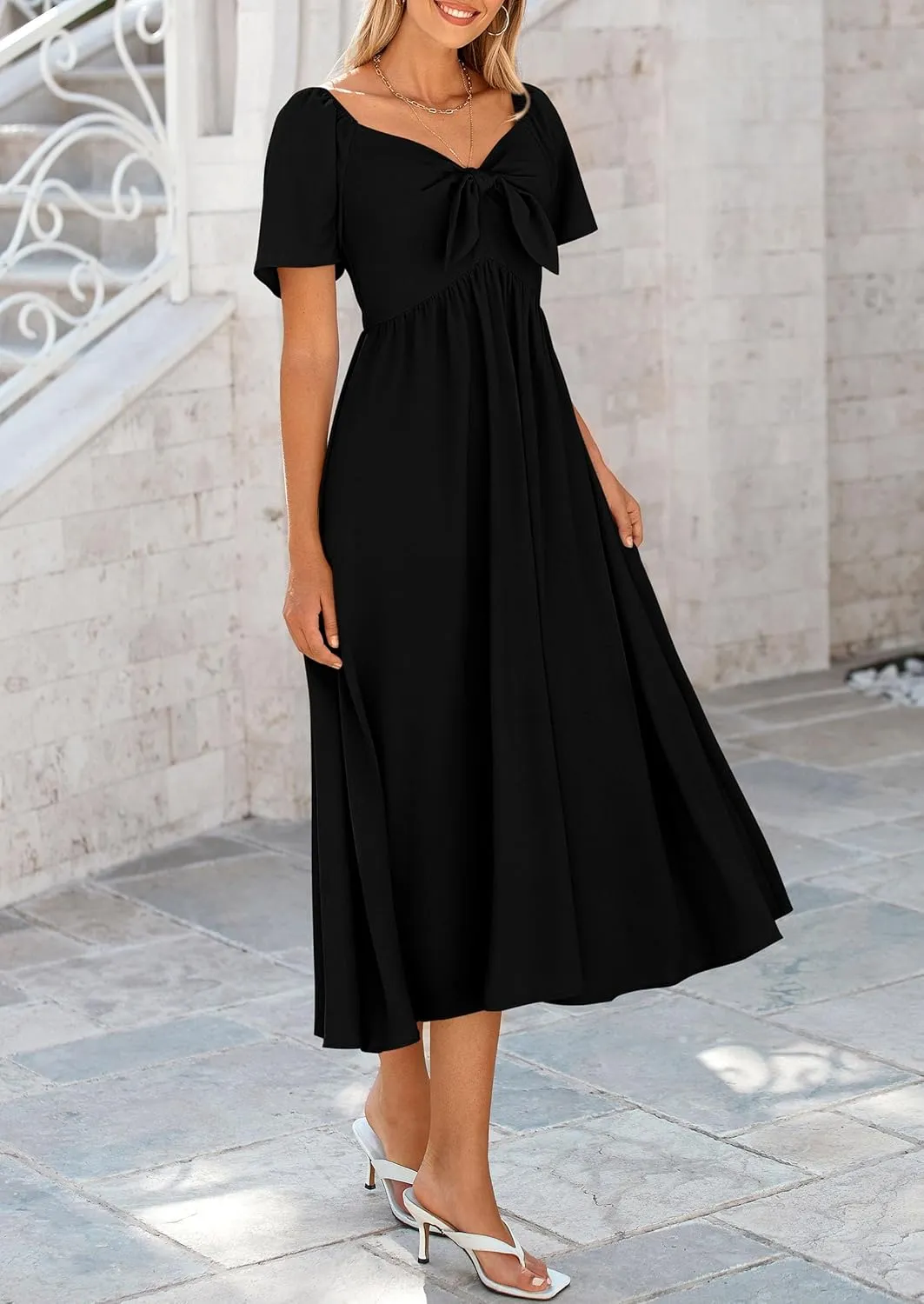 PRETTYGARDEN 2025 Summer Dress for Women Casual Short Sleeve Bow Tie V Neck Ruffle Midi Flowy Dresses