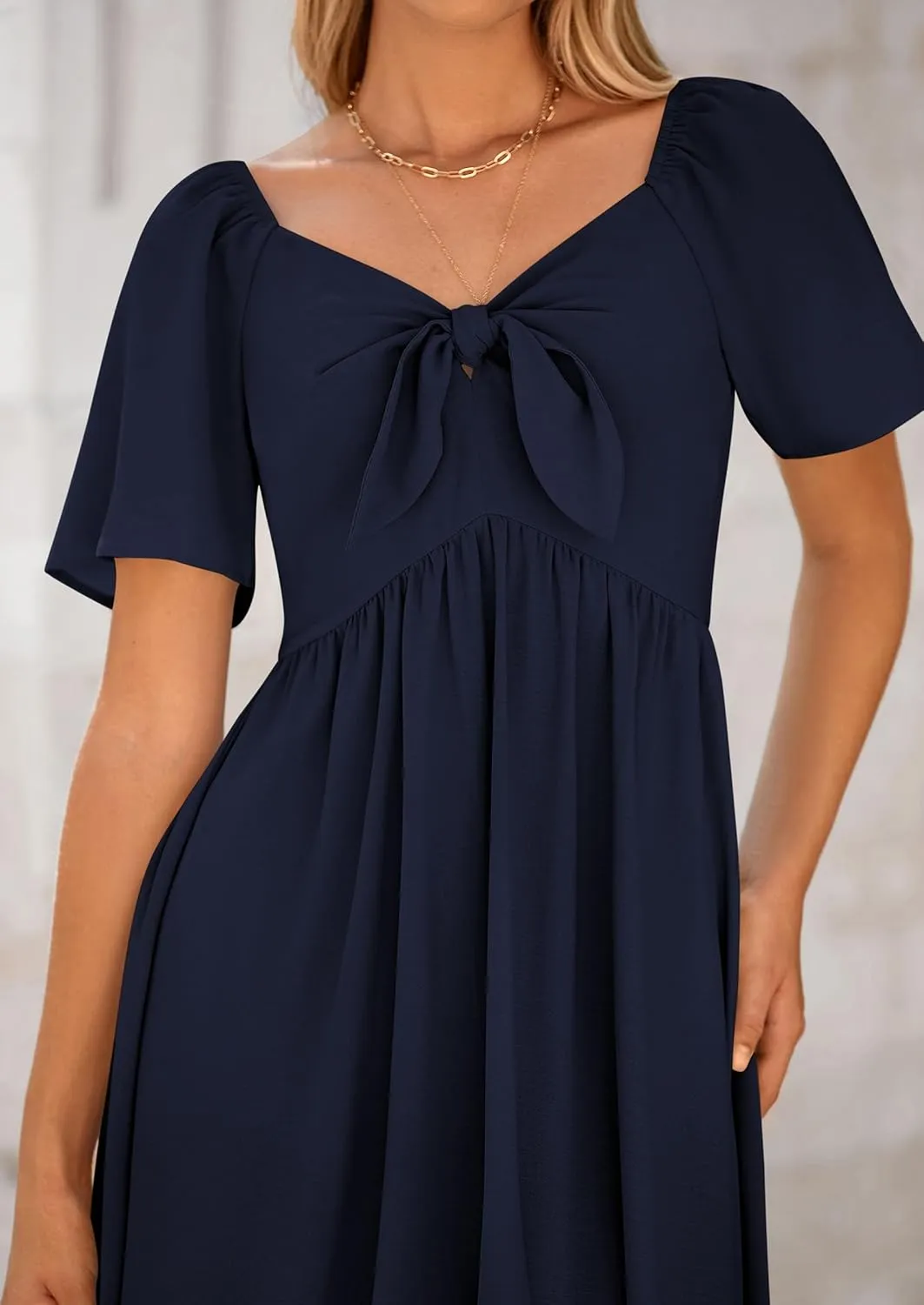 PRETTYGARDEN 2025 Summer Dress for Women Casual Short Sleeve Bow Tie V Neck Ruffle Midi Flowy Dresses