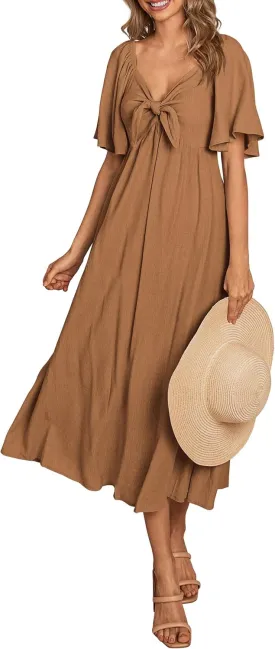 PRETTYGARDEN 2025 Summer Dress for Women Casual Short Sleeve Bow Tie V Neck Ruffle Midi Flowy Dresses