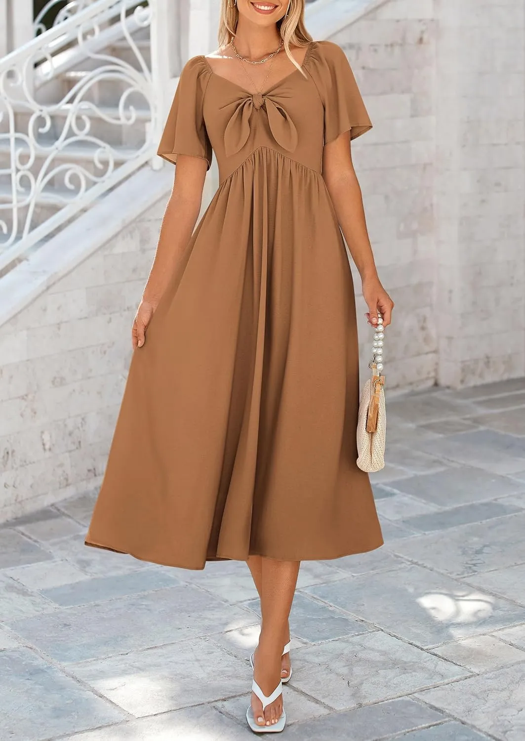 PRETTYGARDEN 2025 Summer Dress for Women Casual Short Sleeve Bow Tie V Neck Ruffle Midi Flowy Dresses