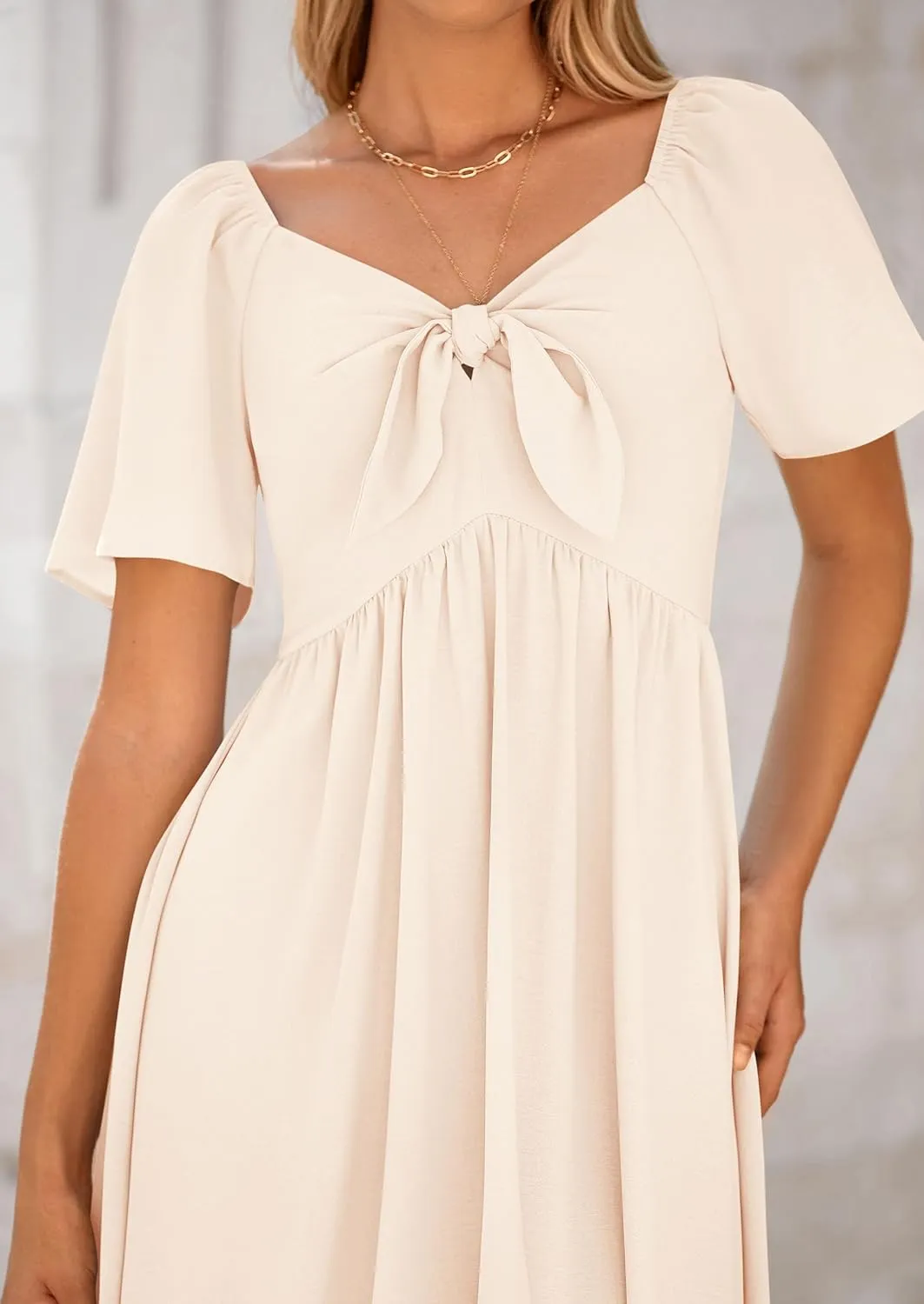PRETTYGARDEN 2025 Summer Dress for Women Casual Short Sleeve Bow Tie V Neck Ruffle Midi Flowy Dresses