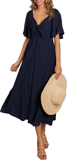PRETTYGARDEN 2025 Summer Dress for Women Casual Short Sleeve Bow Tie V Neck Ruffle Midi Flowy Dresses