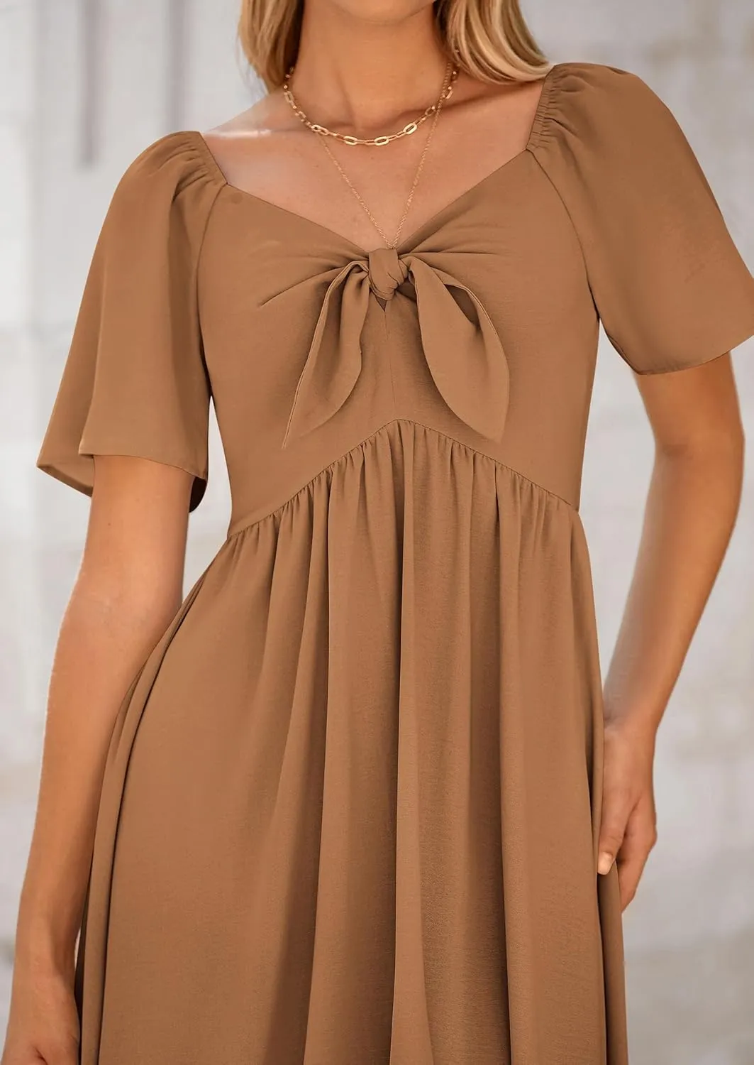 PRETTYGARDEN 2025 Summer Dress for Women Casual Short Sleeve Bow Tie V Neck Ruffle Midi Flowy Dresses