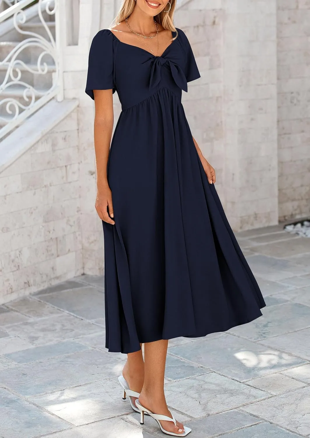 PRETTYGARDEN 2025 Summer Dress for Women Casual Short Sleeve Bow Tie V Neck Ruffle Midi Flowy Dresses
