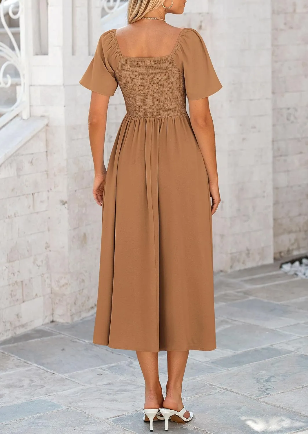 PRETTYGARDEN 2025 Summer Dress for Women Casual Short Sleeve Bow Tie V Neck Ruffle Midi Flowy Dresses