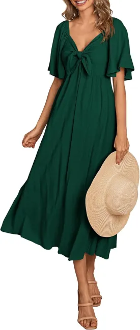 PRETTYGARDEN 2025 Summer Dress for Women Casual Short Sleeve Bow Tie V Neck Ruffle Midi Flowy Dresses