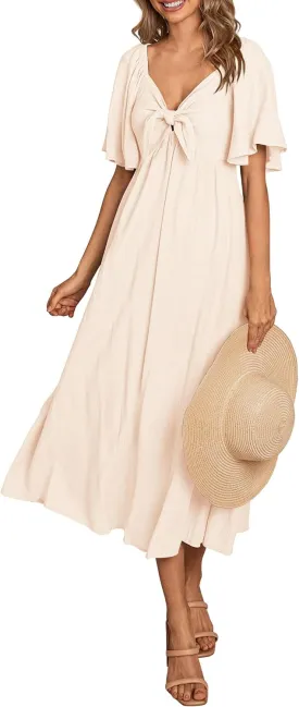 PRETTYGARDEN 2025 Summer Dress for Women Casual Short Sleeve Bow Tie V Neck Ruffle Midi Flowy Dresses