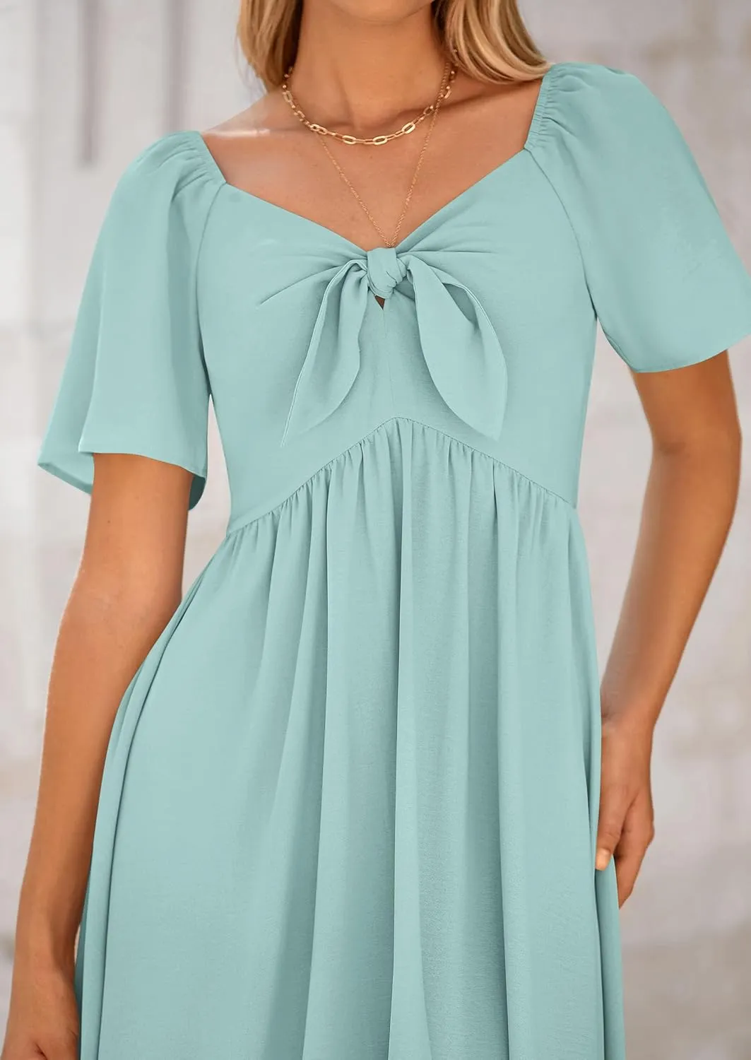 PRETTYGARDEN 2025 Summer Dress for Women Casual Short Sleeve Bow Tie V Neck Ruffle Midi Flowy Dresses