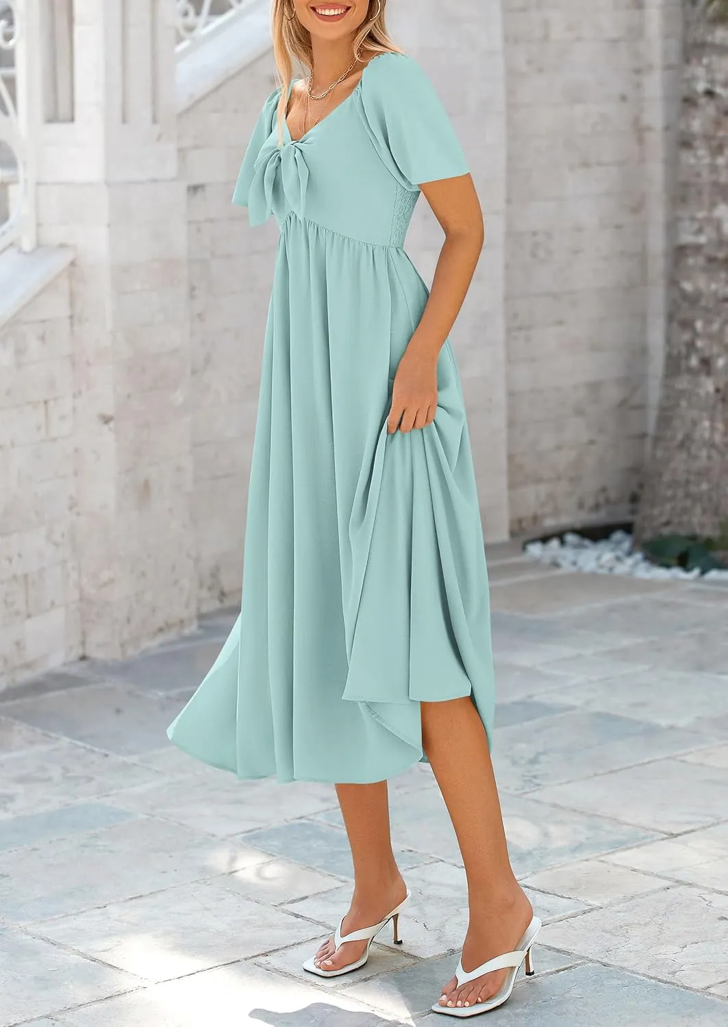 PRETTYGARDEN 2025 Summer Dress for Women Casual Short Sleeve Bow Tie V Neck Ruffle Midi Flowy Dresses