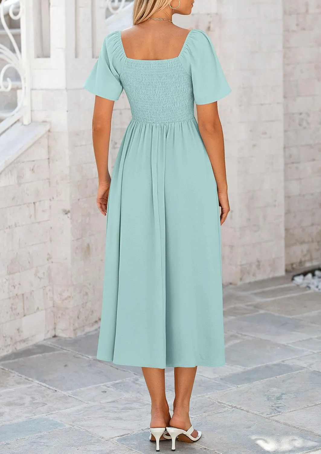PRETTYGARDEN 2025 Summer Dress for Women Casual Short Sleeve Bow Tie V Neck Ruffle Midi Flowy Dresses