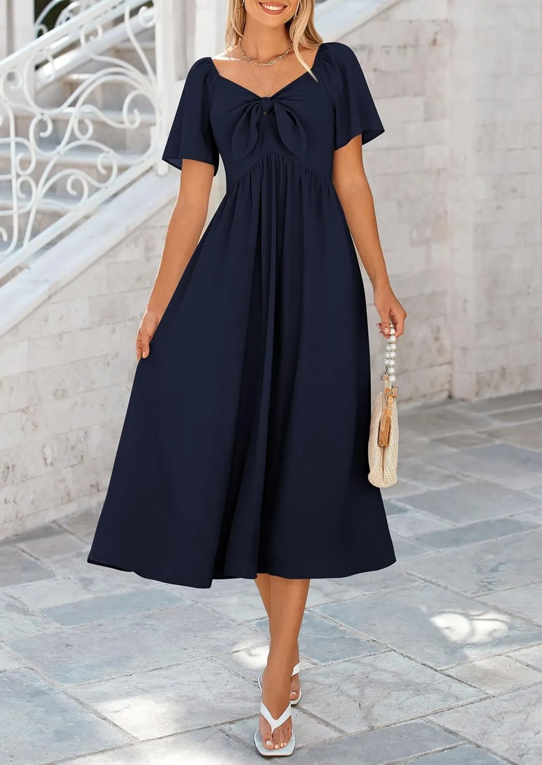 PRETTYGARDEN 2025 Summer Dress for Women Casual Short Sleeve Bow Tie V Neck Ruffle Midi Flowy Dresses