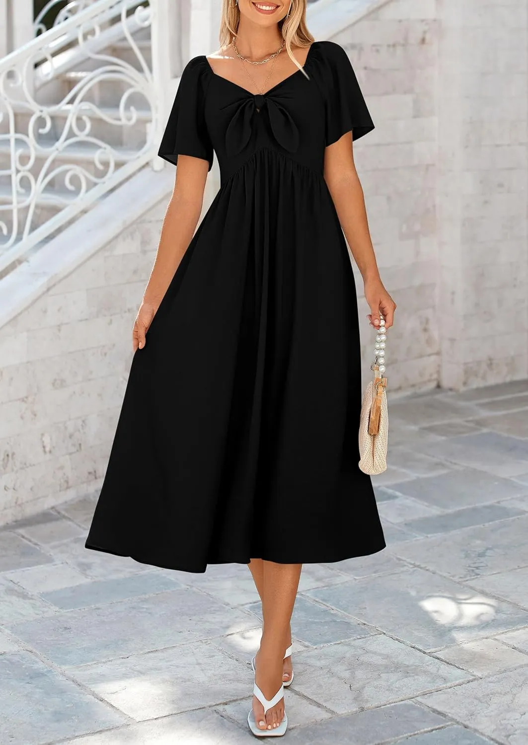 PRETTYGARDEN 2025 Summer Dress for Women Casual Short Sleeve Bow Tie V Neck Ruffle Midi Flowy Dresses