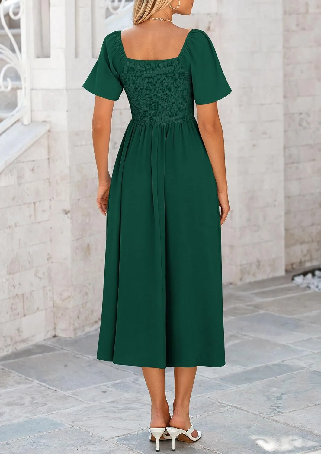 PRETTYGARDEN 2025 Summer Dress for Women Casual Short Sleeve Bow Tie V Neck Ruffle Midi Flowy Dresses