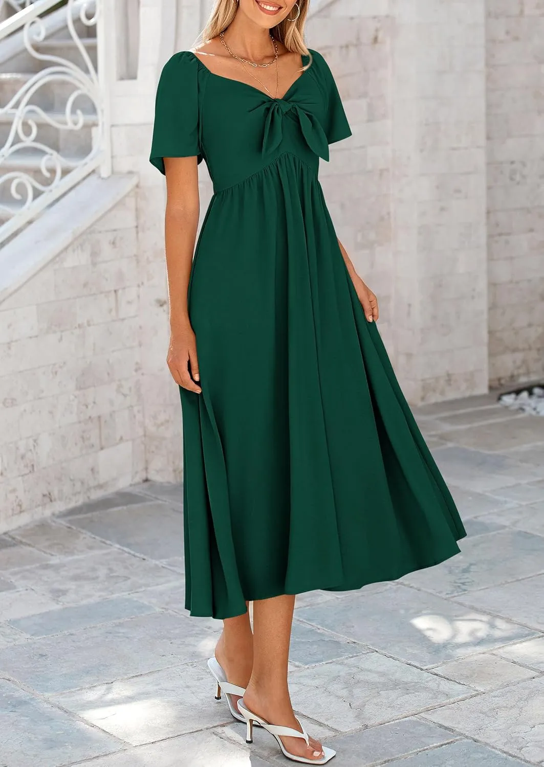PRETTYGARDEN 2025 Summer Dress for Women Casual Short Sleeve Bow Tie V Neck Ruffle Midi Flowy Dresses