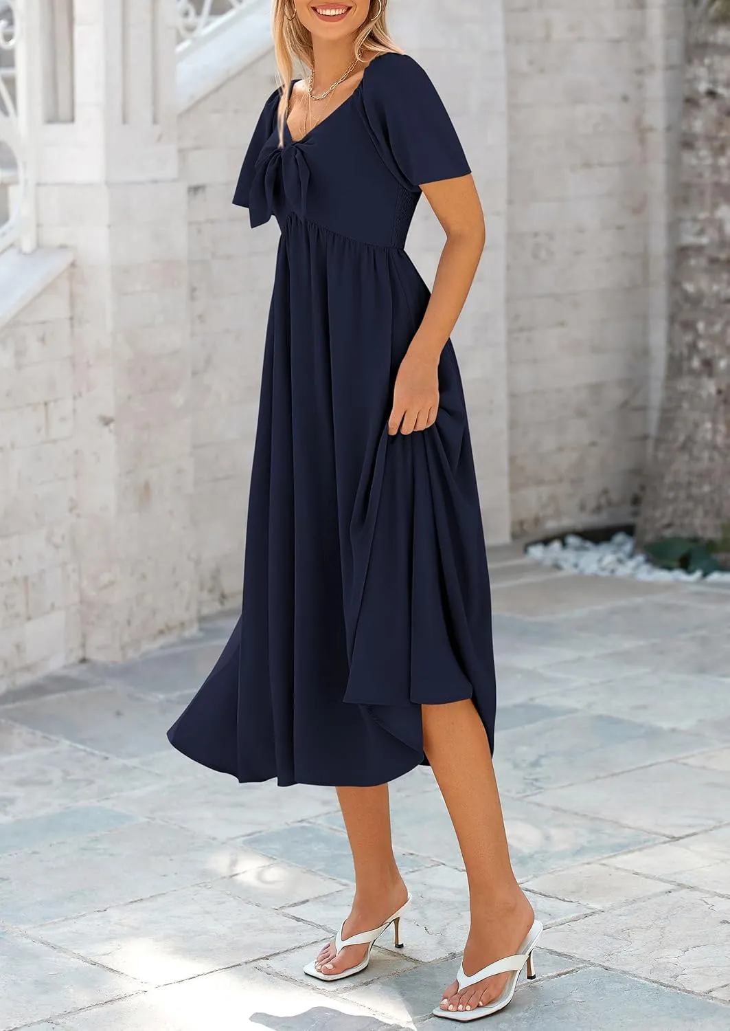 PRETTYGARDEN 2025 Summer Dress for Women Casual Short Sleeve Bow Tie V Neck Ruffle Midi Flowy Dresses