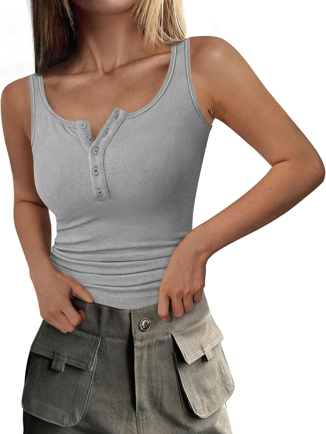 PRETTYGARDEN Womens 2025 Summer Tank Tops Ribbed Knit Slim Fit Sleeveless Henley Shirts Casual Basic Button Up Blouse