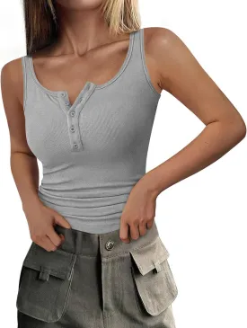PRETTYGARDEN Womens 2025 Summer Tank Tops Ribbed Knit Slim Fit Sleeveless Henley Shirts Casual Basic Button Up Blouse