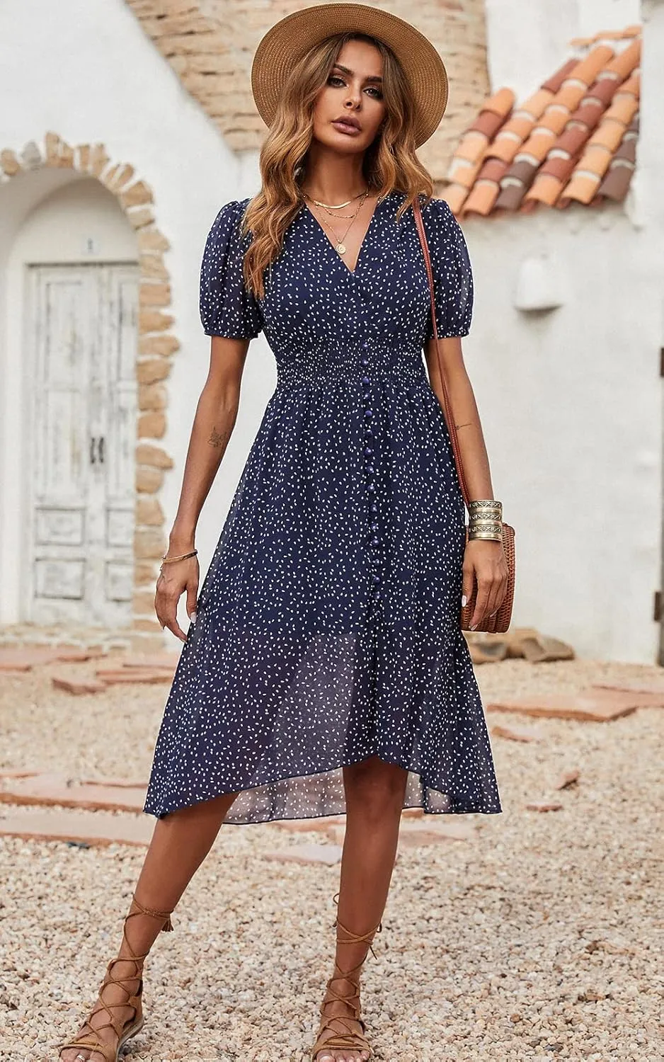 PRETTYGARDEN Women's Floral Wrap V-Neck Midi Dress Short Sleeve Boho Summer Beach Long Dress High Low Hem Smocked Dress Women