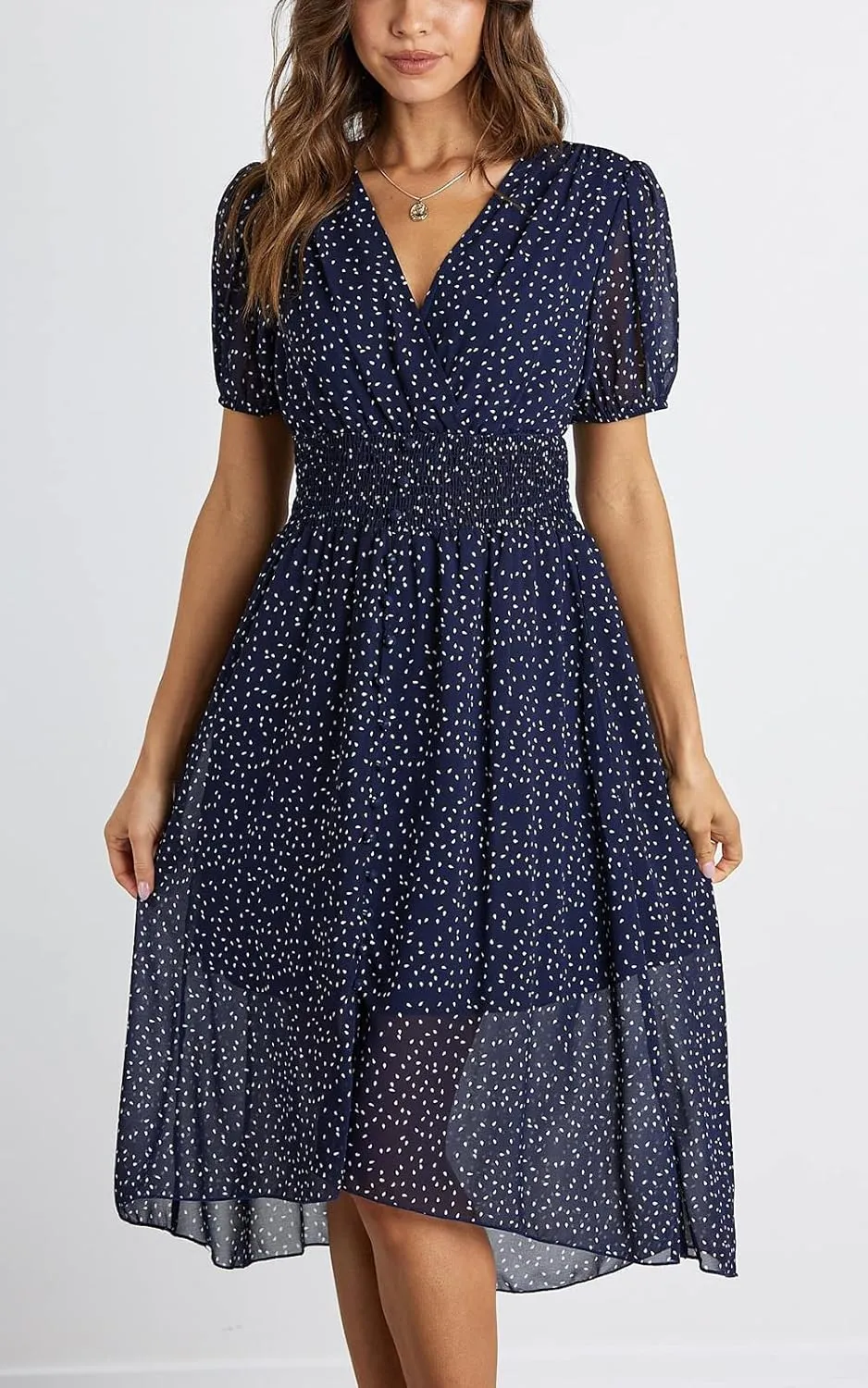 PRETTYGARDEN Women's Floral Wrap V-Neck Midi Dress Short Sleeve Boho Summer Beach Long Dress High Low Hem Smocked Dress Women