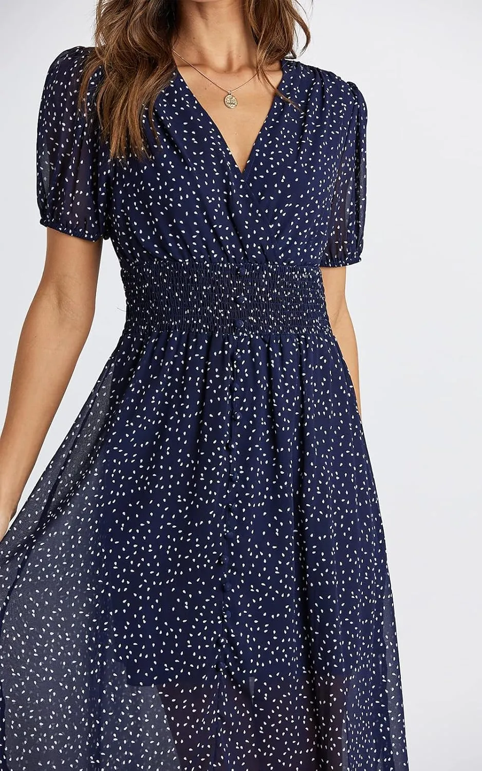 PRETTYGARDEN Women's Floral Wrap V-Neck Midi Dress Short Sleeve Boho Summer Beach Long Dress High Low Hem Smocked Dress Women