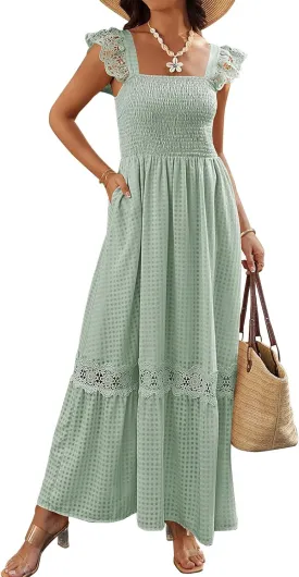 PRETTYGARDEN Women's Smocked Summer Maxi Dresses 2025 Ruffle Cap Sleeve Square Neck Lace Detail Flowy Sundress with Pockets