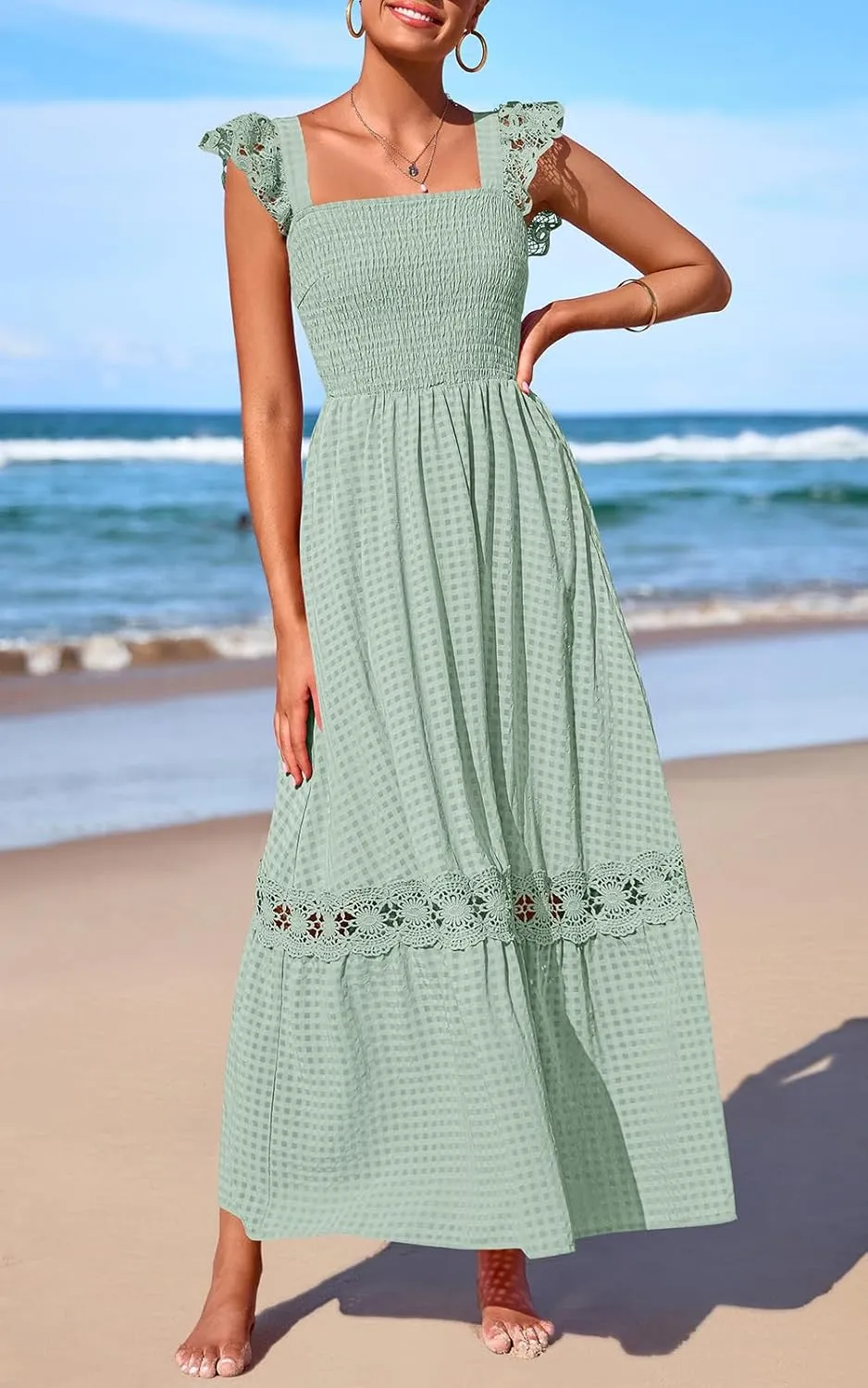 PRETTYGARDEN Women's Smocked Summer Maxi Dresses 2025 Ruffle Cap Sleeve Square Neck Lace Detail Flowy Sundress with Pockets