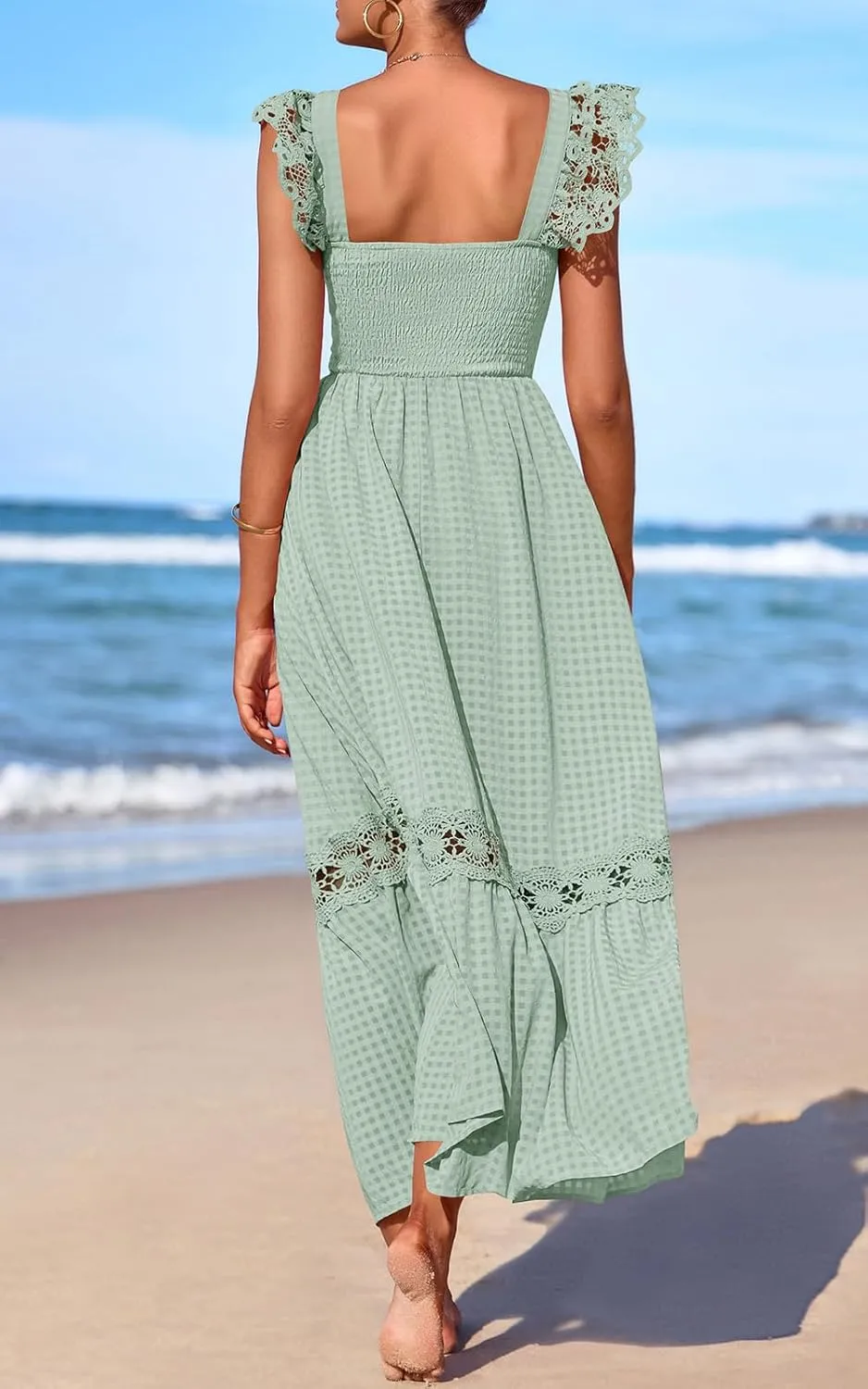 PRETTYGARDEN Women's Smocked Summer Maxi Dresses 2025 Ruffle Cap Sleeve Square Neck Lace Detail Flowy Sundress with Pockets