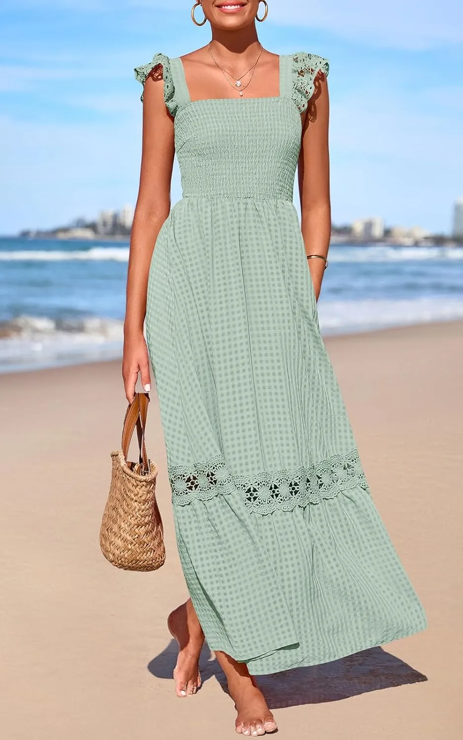 PRETTYGARDEN Women's Smocked Summer Maxi Dresses 2025 Ruffle Cap Sleeve Square Neck Lace Detail Flowy Sundress with Pockets