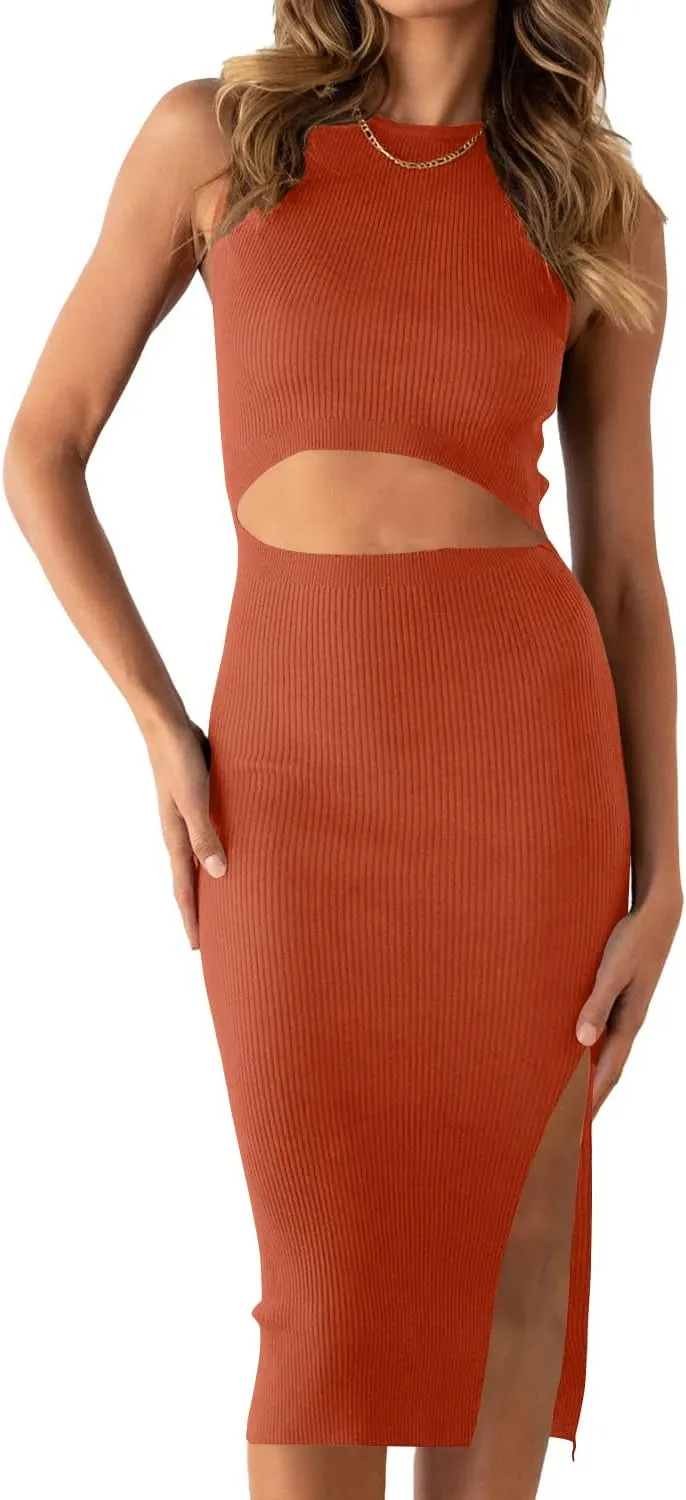 PRETTYGARDEN Women's Summer Midi Bodycon Dresses Casual Crew Neck Side Slit Sleeveless Knit Cut Out Tank Top Dress