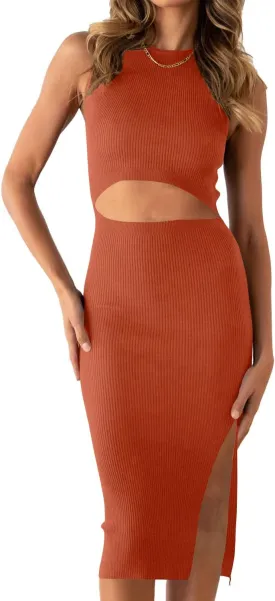 PRETTYGARDEN Women's Summer Midi Bodycon Dresses Casual Crew Neck Side Slit Sleeveless Knit Cut Out Tank Top Dress
